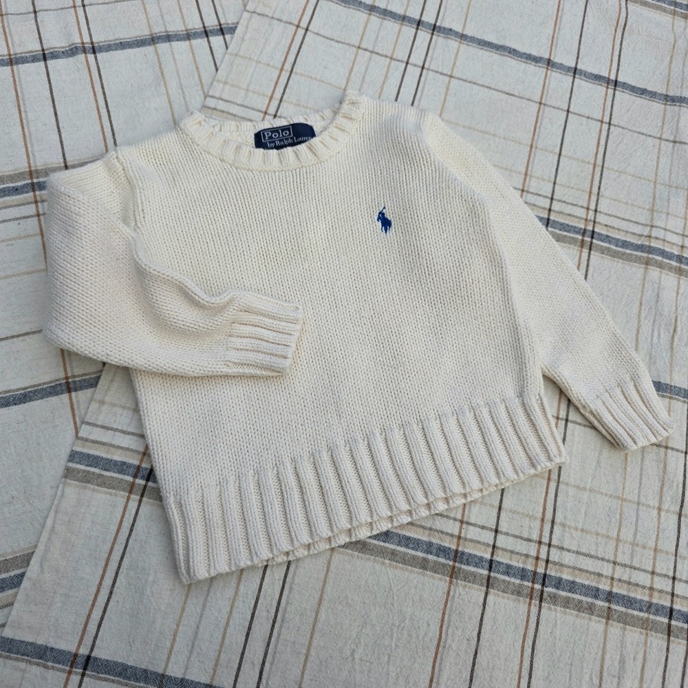 Ralph Lauren Toddler Sweater Size 2T Cream Vintage 90s Ribbed Cuff Logo Pony